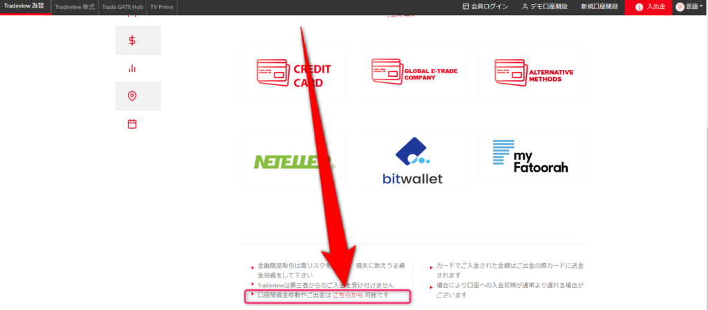 Tradeview　出金方法　会員ページ　出金ページ