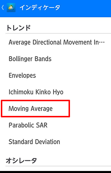 XM スマホ版MT4 挿入するインジケーターを選択