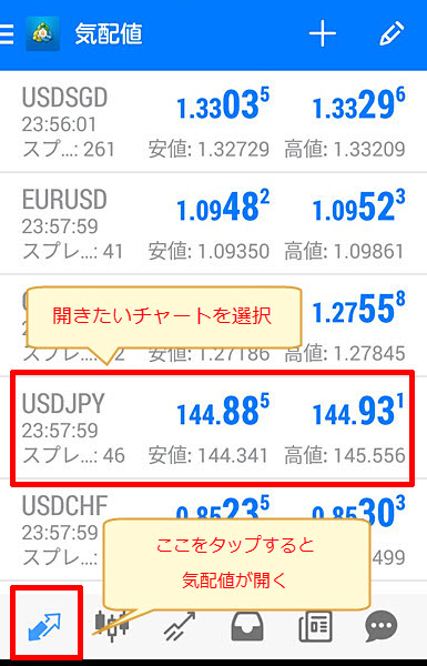 XM スマホ版MT4 気配値からチャートを選択
