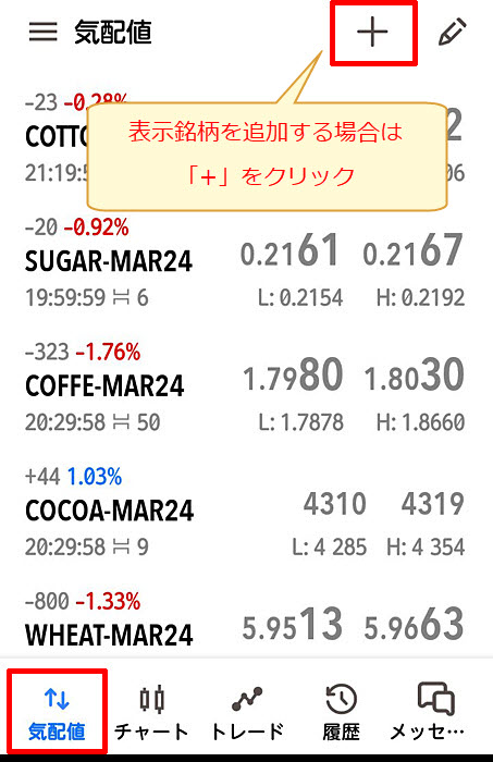 XM スマホ版MT5 気配値から銘柄を追加