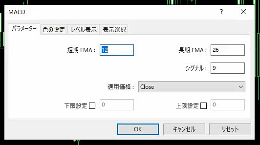 XM MT4 MACDの挿入 パラメーターを設定