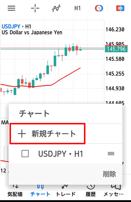 XM スマホ版MT5 分割表示 新規チャートをクリック