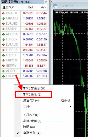 XM MT4 気配値に表示されていない銘柄を表示させる方法1