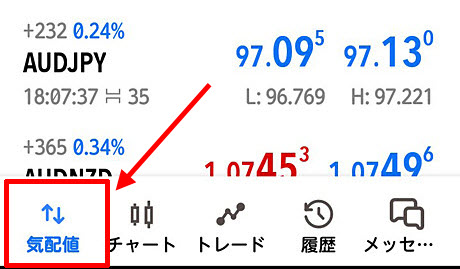 XM スマホ版MT5で気配値を開く